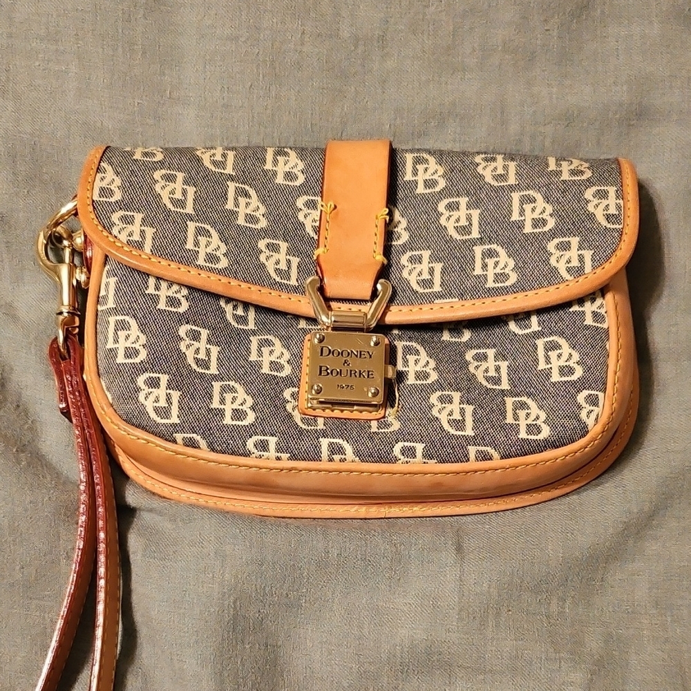 Dooney & Bourke Tan and Blue Monogram Clutch
